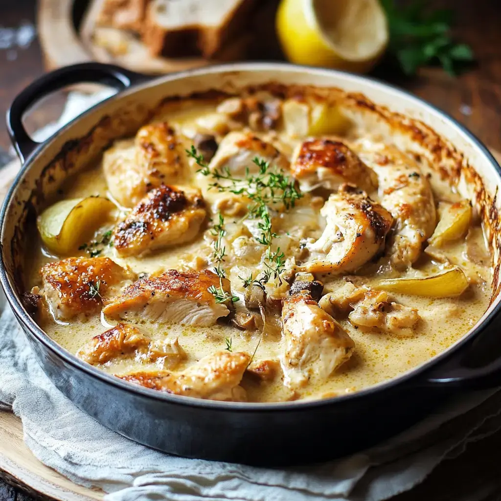 A creamy chicken dish with herbs and lemon served in a black casserole, accompanied by slices of bread.