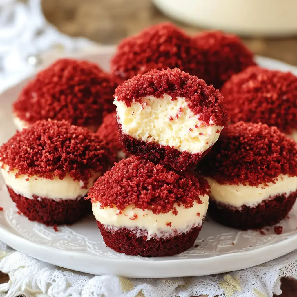 A plate of red velvet cupcakes with cream cheese frosting, one cupcake partially bitten into to reveal its filling.