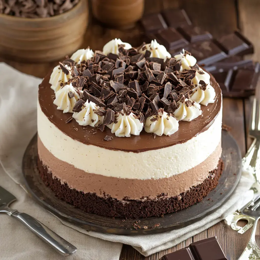 A layered chocolate cheesecake topped with chocolate shavings and creamy swirls, set on a rustic wooden surface.