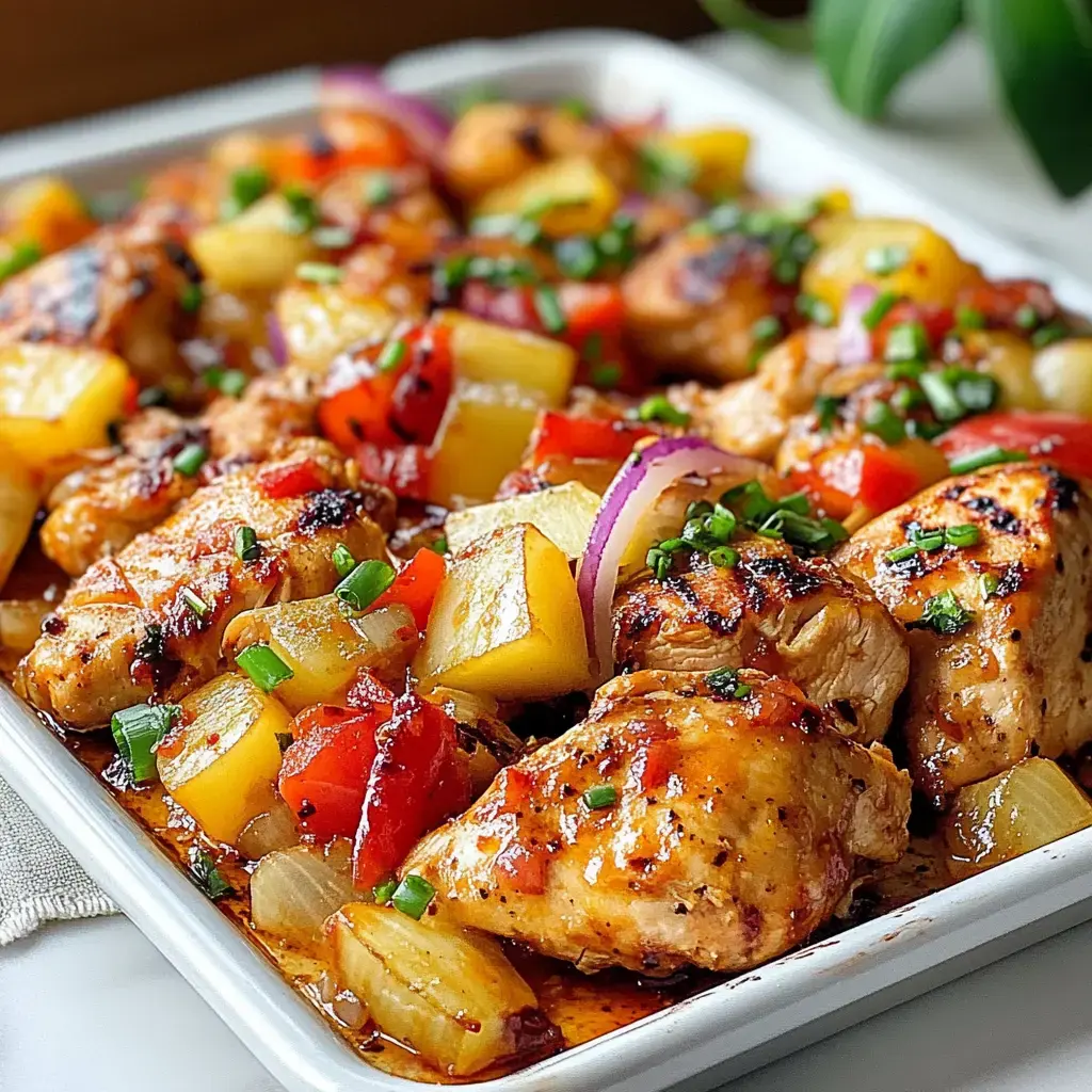 A platter of grilled chicken topped with diced pineapple, red bell peppers, onions, and garnished with green onions in a savory sauce.