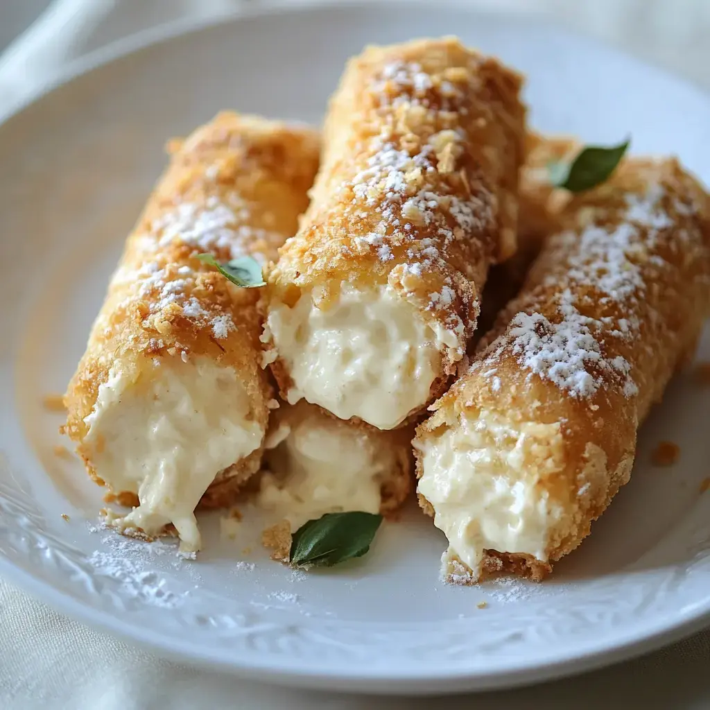 Four crispy, breaded rolls filled with creamy filling are arranged on a white plate, garnished with powdered sugar and a sprig of basil.