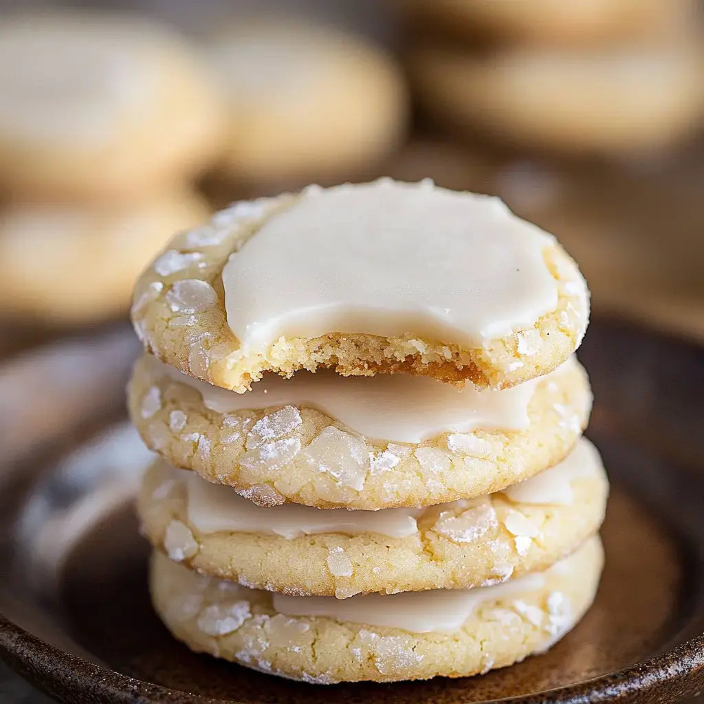 A stack of three iced cookies, with one cookie having a bite taken out of it, displayed on a wooden plate.