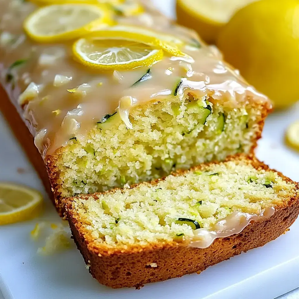 A sliced lemon zucchini bread topped with a shiny glaze and lemon slices.