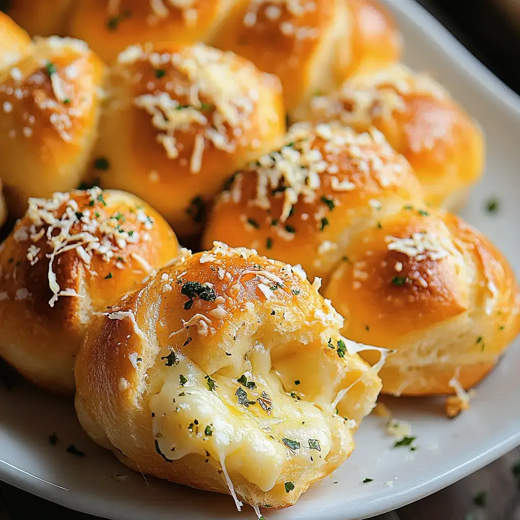 A plate of golden-brown cheese-filled bread rolls topped with grated cheese and herbs.