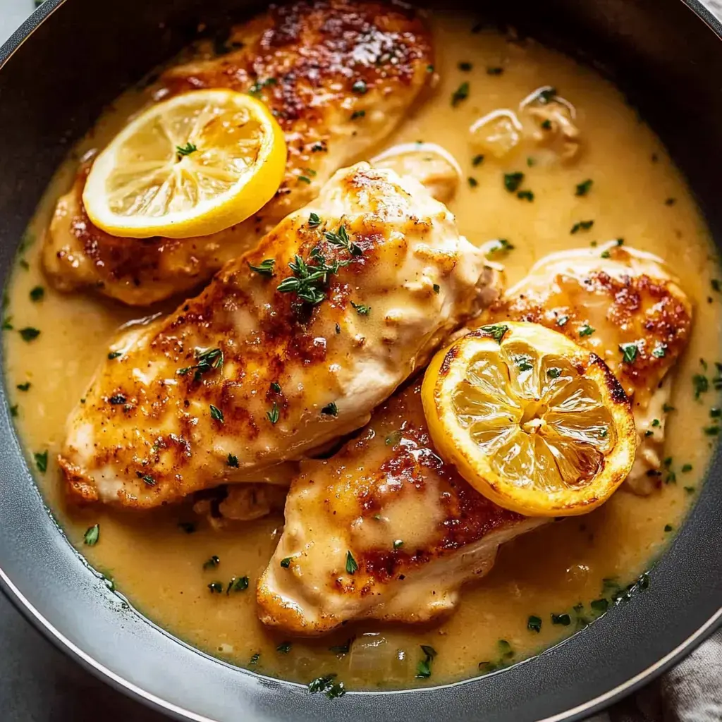 A skillet contains three pieces of succulent chicken breast in a creamy lemon sauce, garnished with lemon slices and fresh herbs.