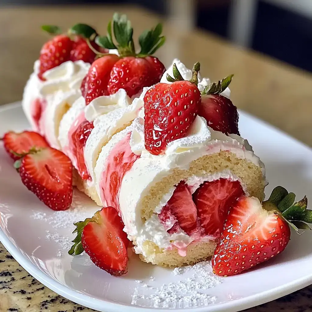 A slice of strawberry roll cake topped with fresh strawberries and whipped cream, served on a white plate.