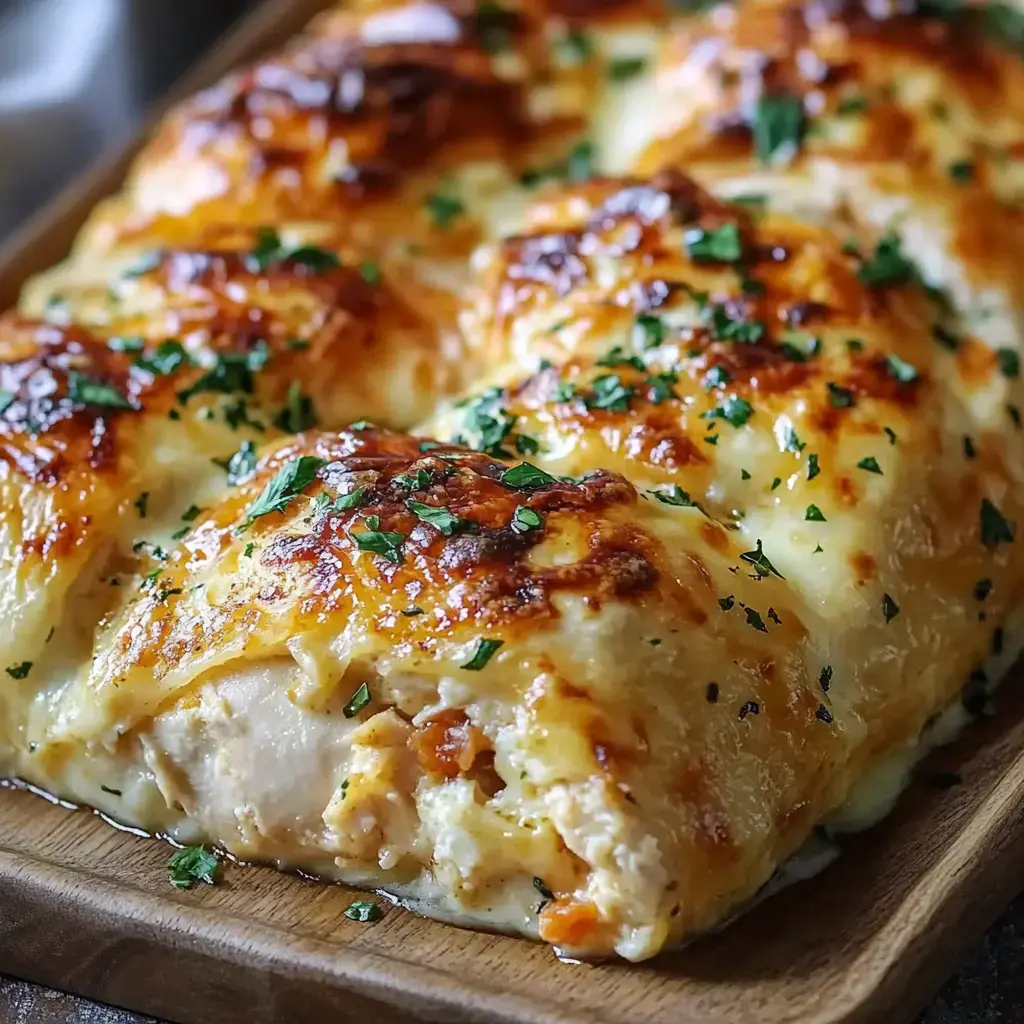 A golden-brown, baked dish topped with melted cheese and garnished with parsley, resting on a wooden platter.