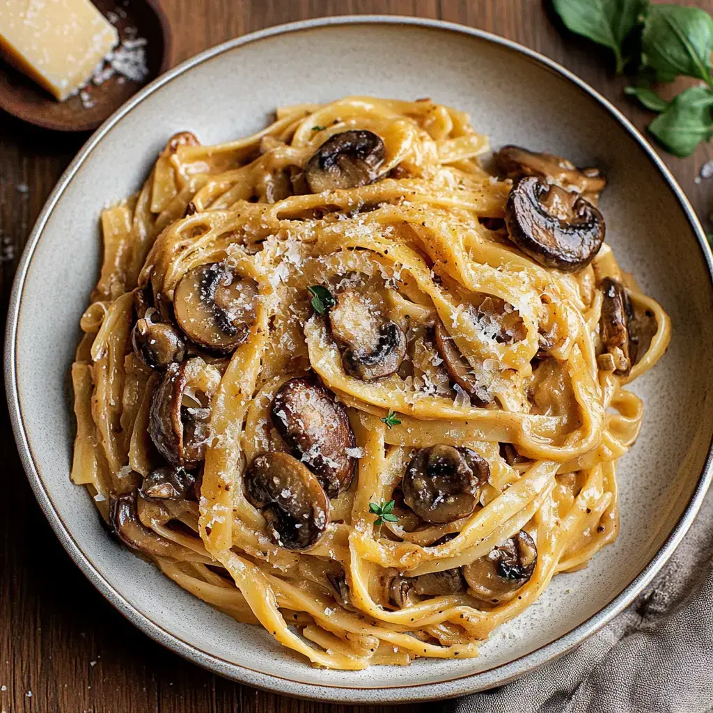 A plate of creamy fettuccine pasta topped with sautéed mushrooms and grated cheese.