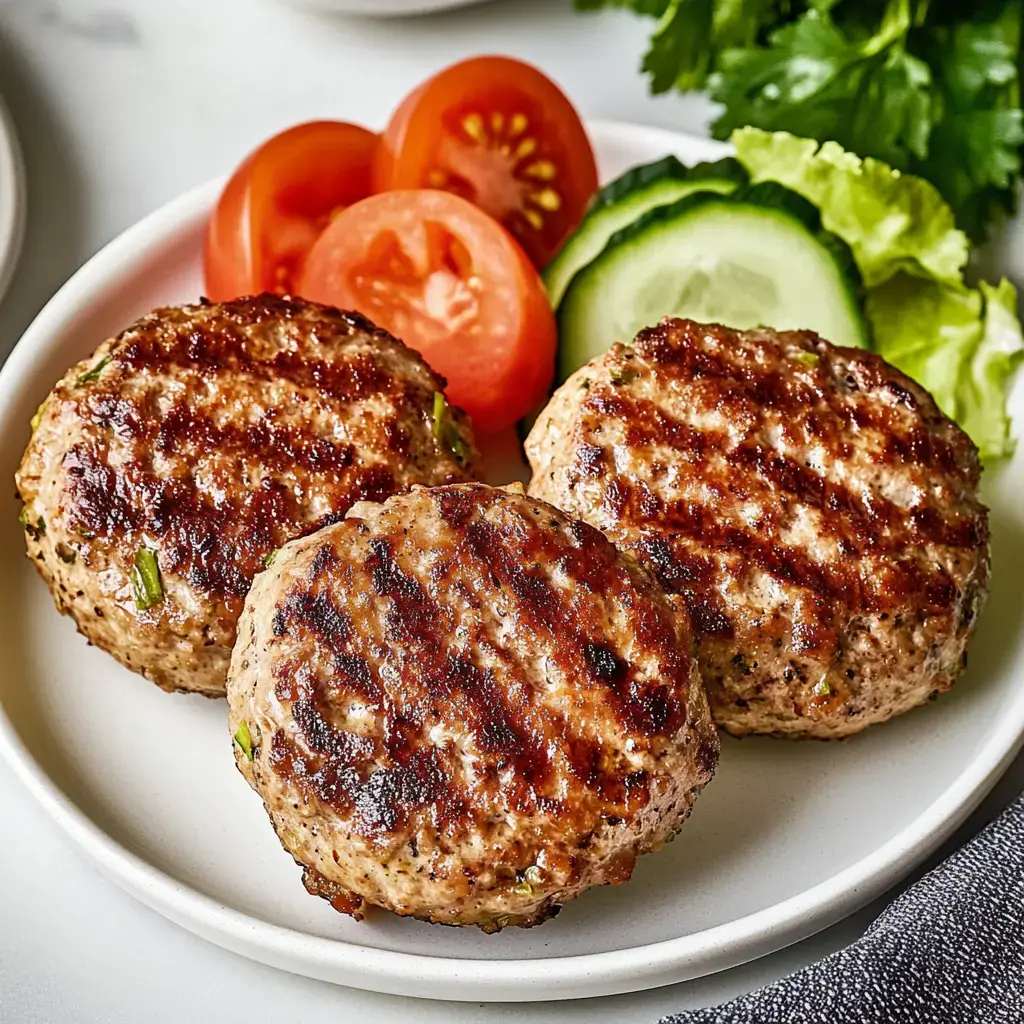 Three grilled patties are served on a plate alongside slices of tomato, cucumber, and lettuce.