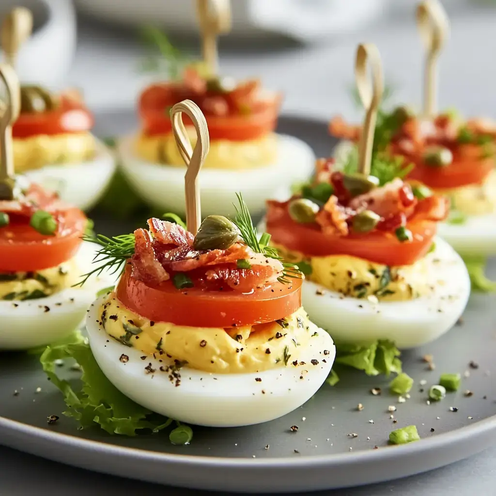 A close-up of deviled eggs topped with bacon, tomato slices, and herbs, presented on a gray plate with lettuce.