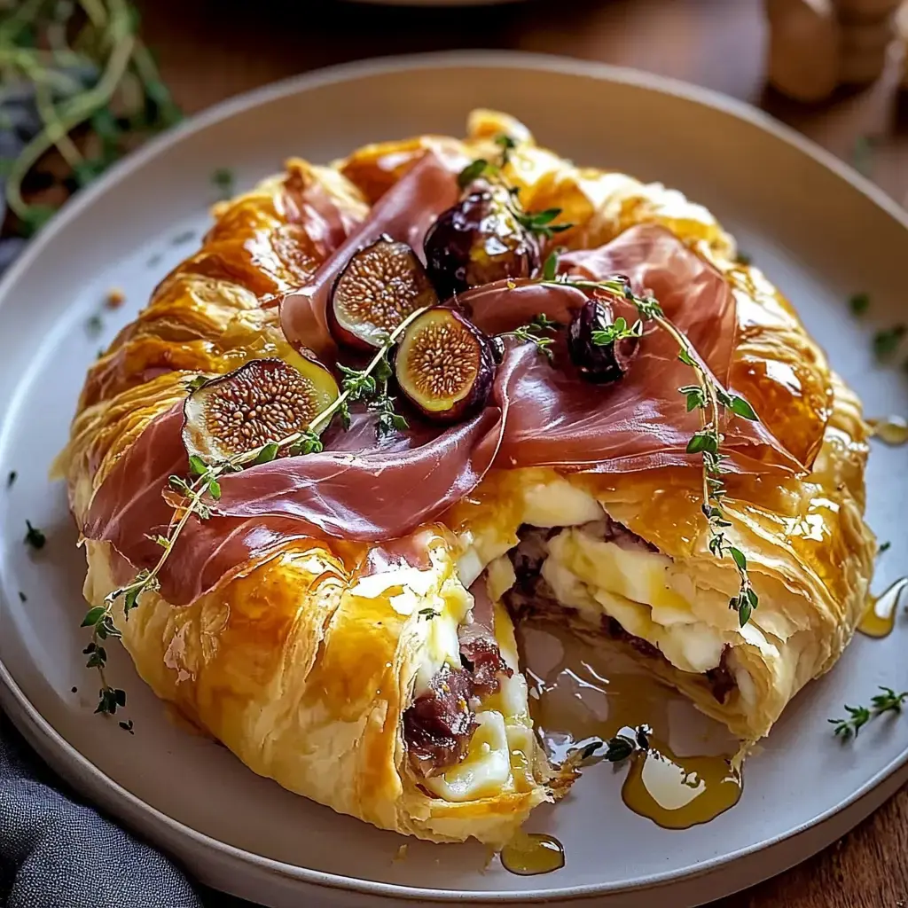 A golden, flaky pastry filled with cheese and meat, topped with slices of prosciutto, fresh figs, and thyme, drizzled with honey.