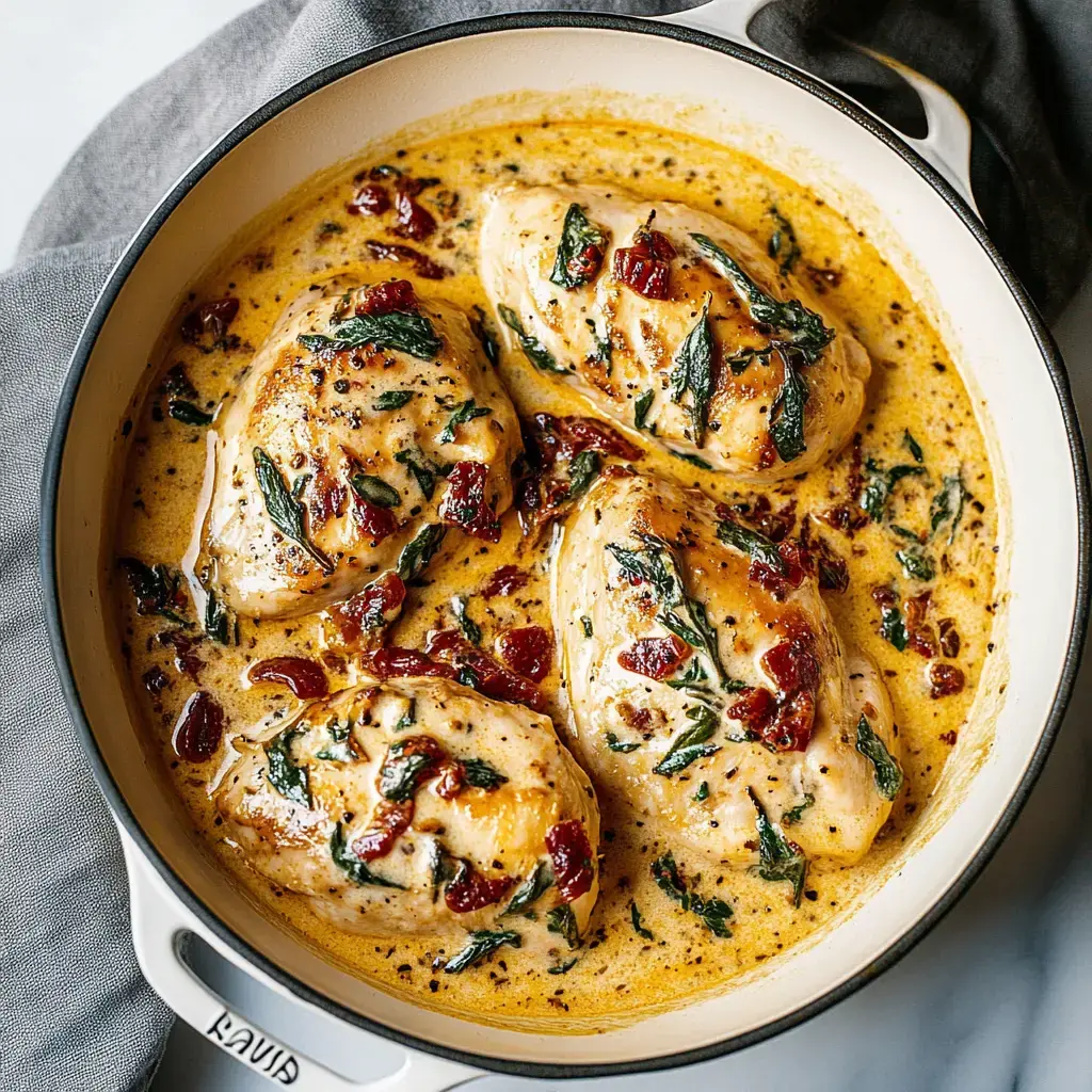 A creamy sauce with sun-dried tomatoes and herbs surrounds four cooked chicken breasts in a white shallow pan.