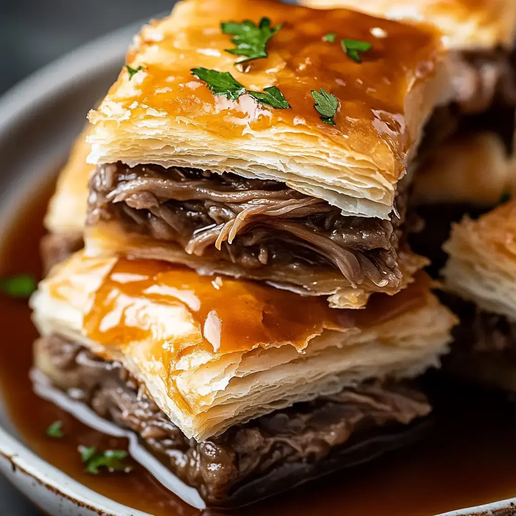 A close-up of layers of flaky pastry filled with shredded meat, drizzled with a glossy sauce and garnished with a sprinkle of green herbs.