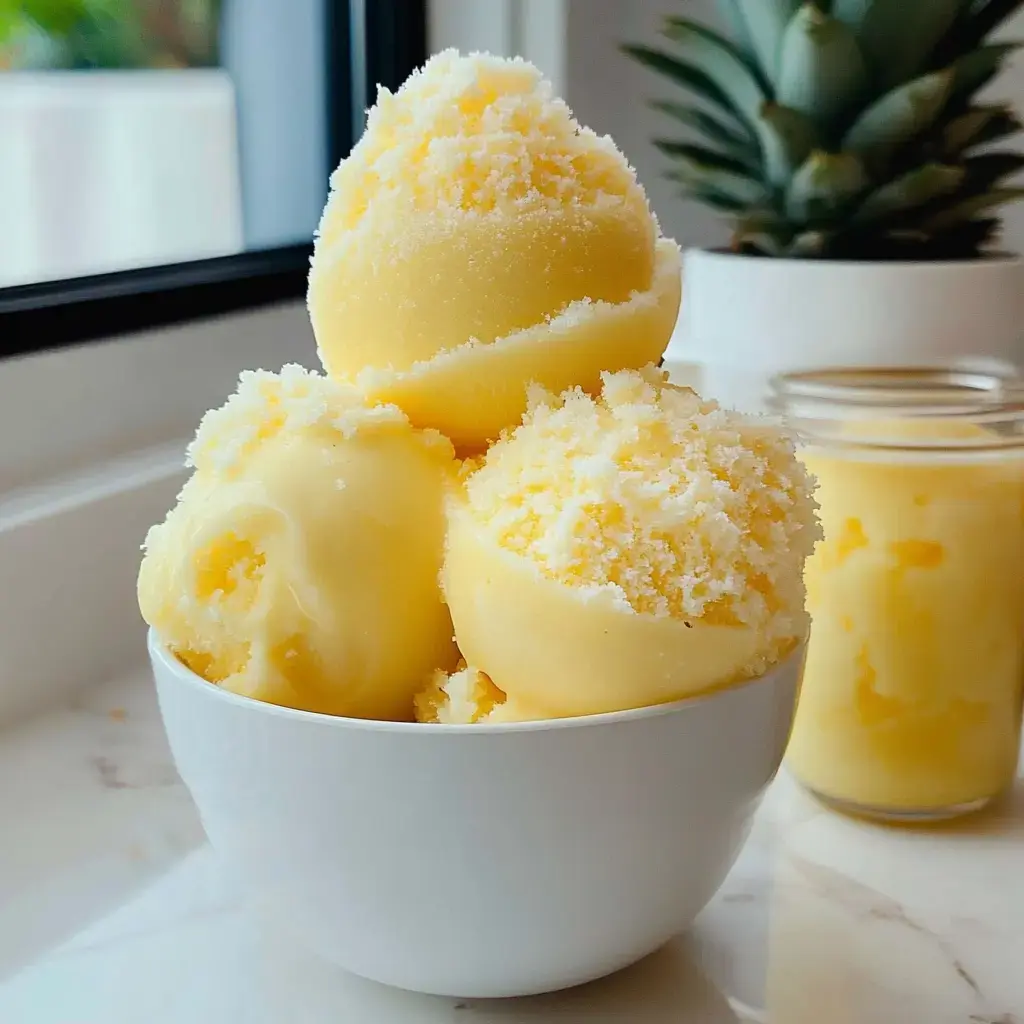 A bowl filled with scoops of yellow ice cream topped with a snowy layer of shredded coconut, with a jar of ice cream in the background.