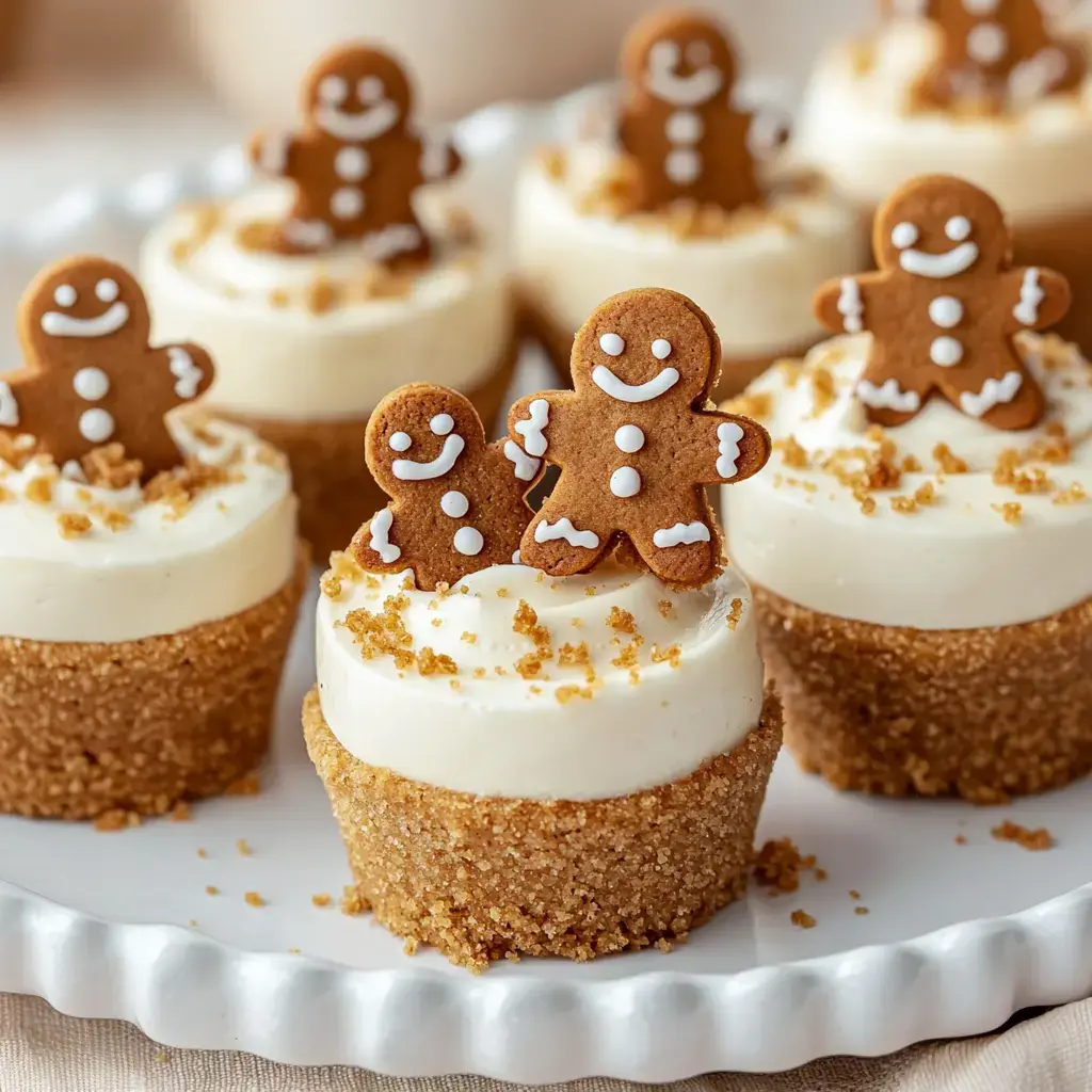 A plate of mini cheesecakes topped with cream and decorated with gingerbread cookie figures.