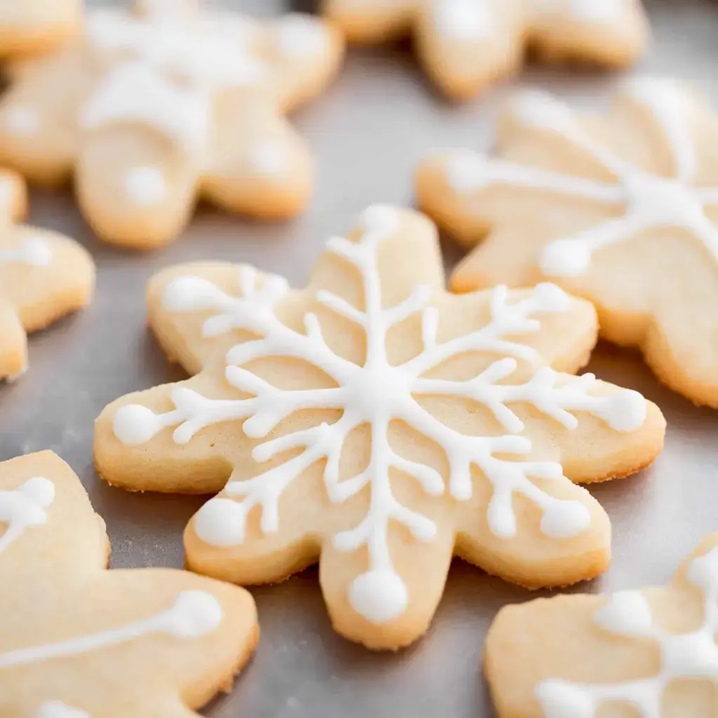 A close-up of decorated snowflake-shaped cookies with white icing on a metallic tray.