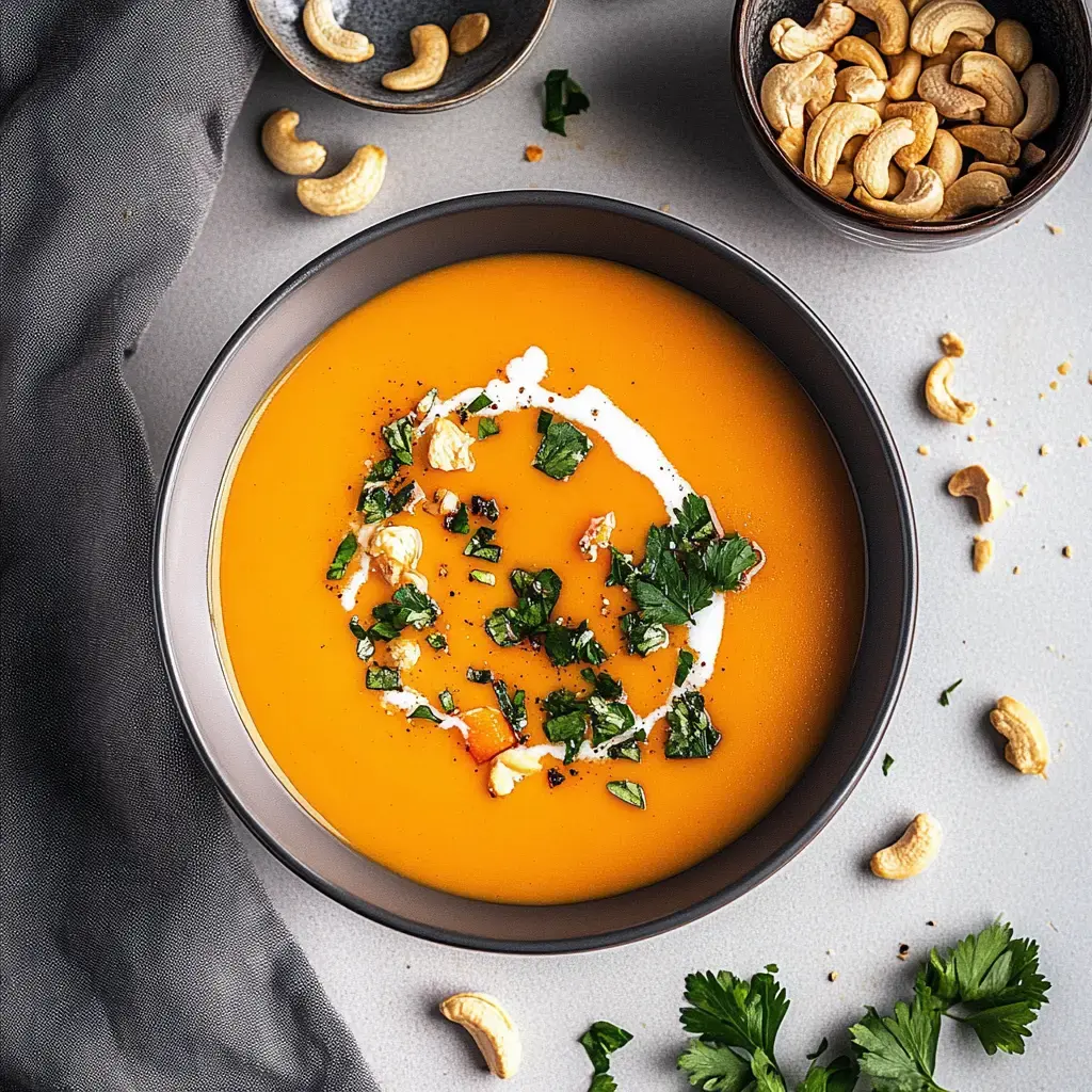 A bowl of vibrant orange soup garnished with chopped herbs, a swirl of cream, and surrounded by cashews on a light surface.