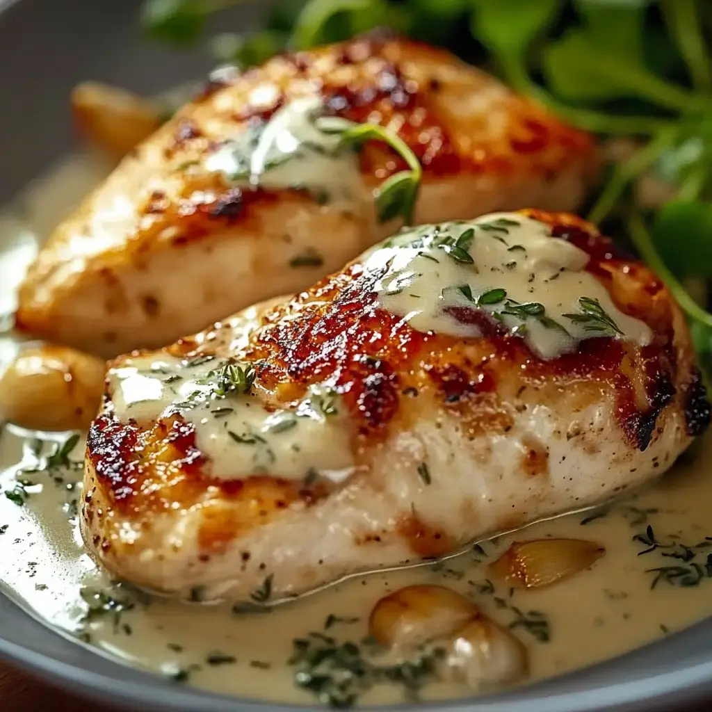 Grilled chicken breasts topped with creamy sauce and herbs, served with garlic cloves and greens.