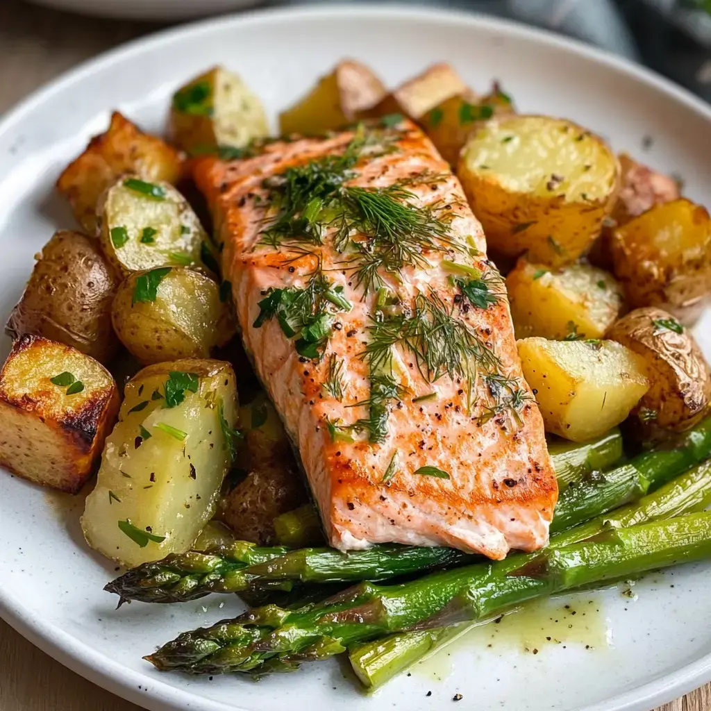 A plate featuring a piece of salmon topped with dill and parsley, accompanied by roasted potatoes and asparagus.