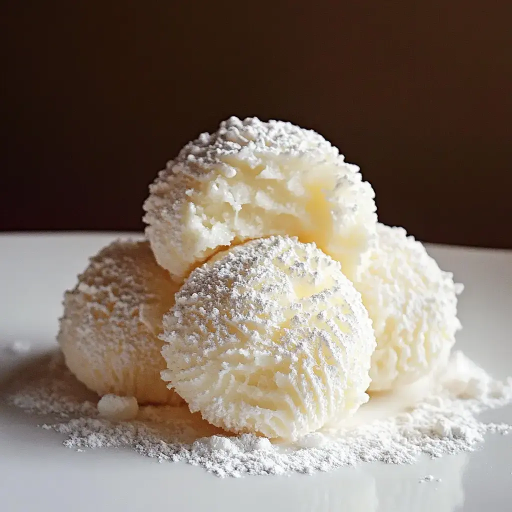 A close-up image of a stack of three round, powdered dessert balls on a plate, surrounded by a sprinkle of powdered sugar.