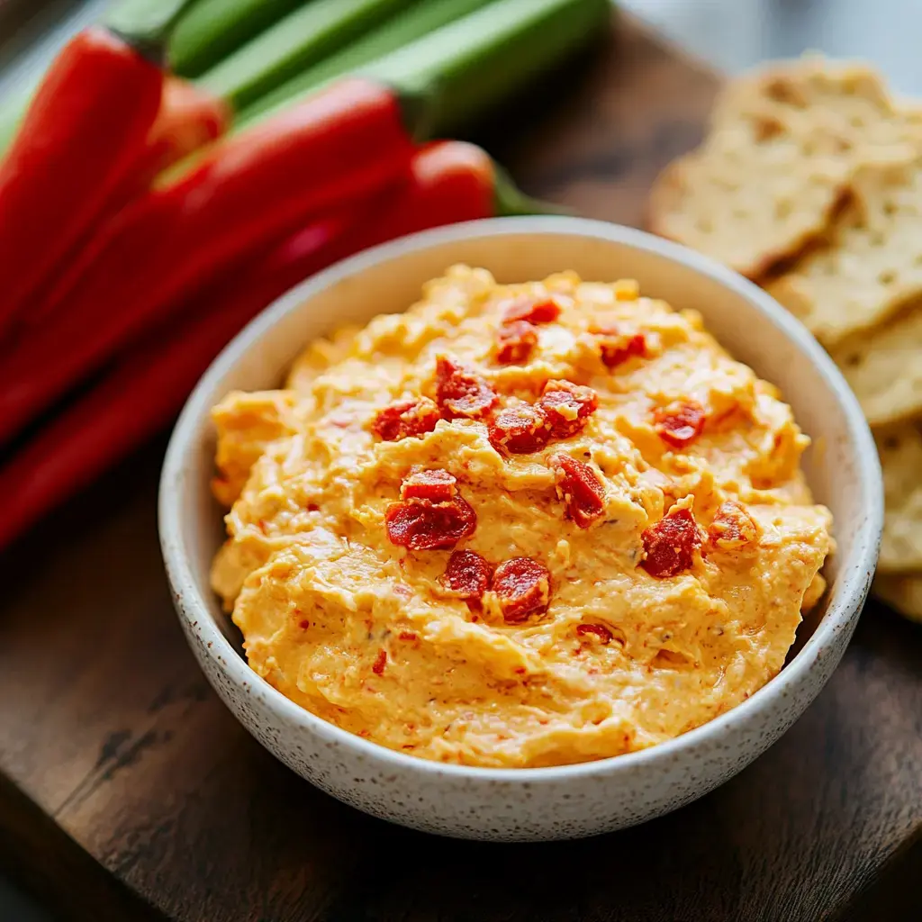 A bowl of creamy orange dip topped with red pieces is surrounded by fresh celery stalks and crackers on a wooden board.