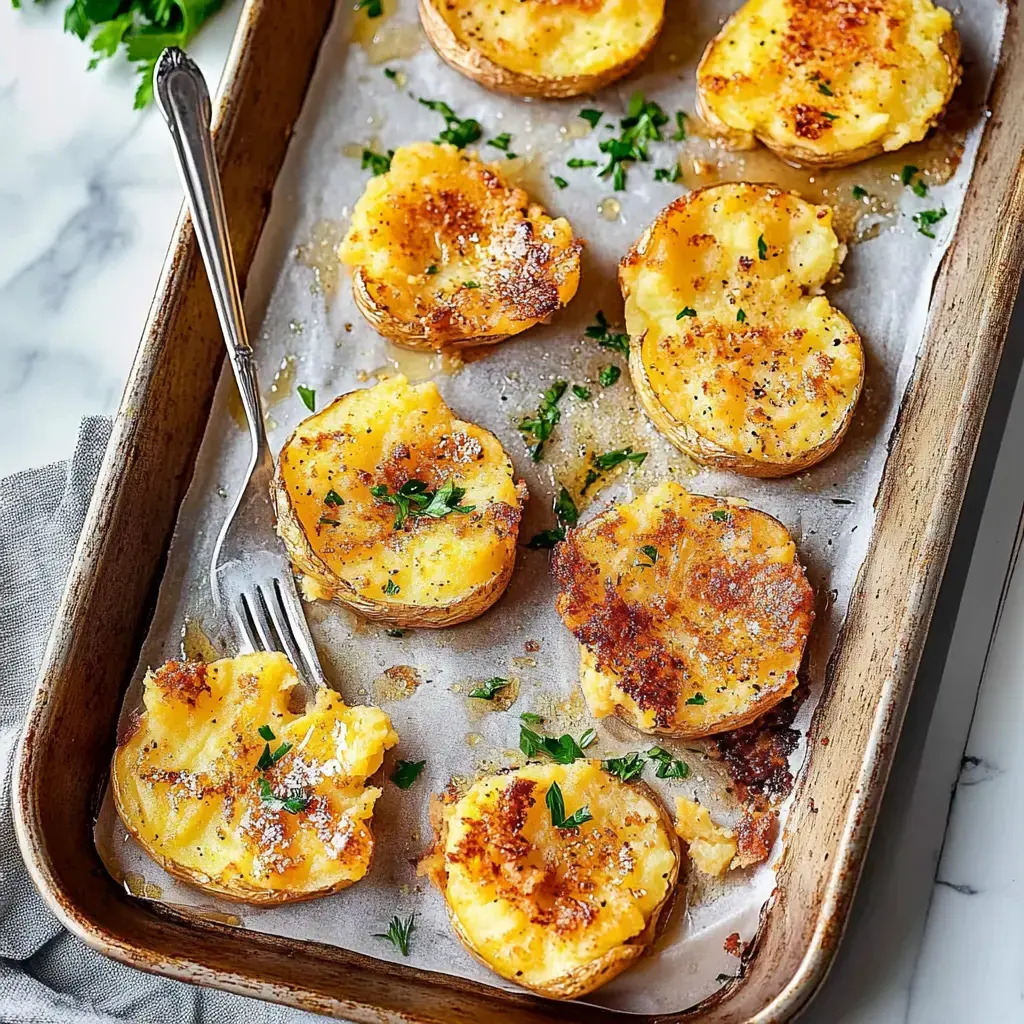 A close-up of a tray filled with golden-brown, baked potato halves garnished with chopped parsley and a fork resting against one piece.