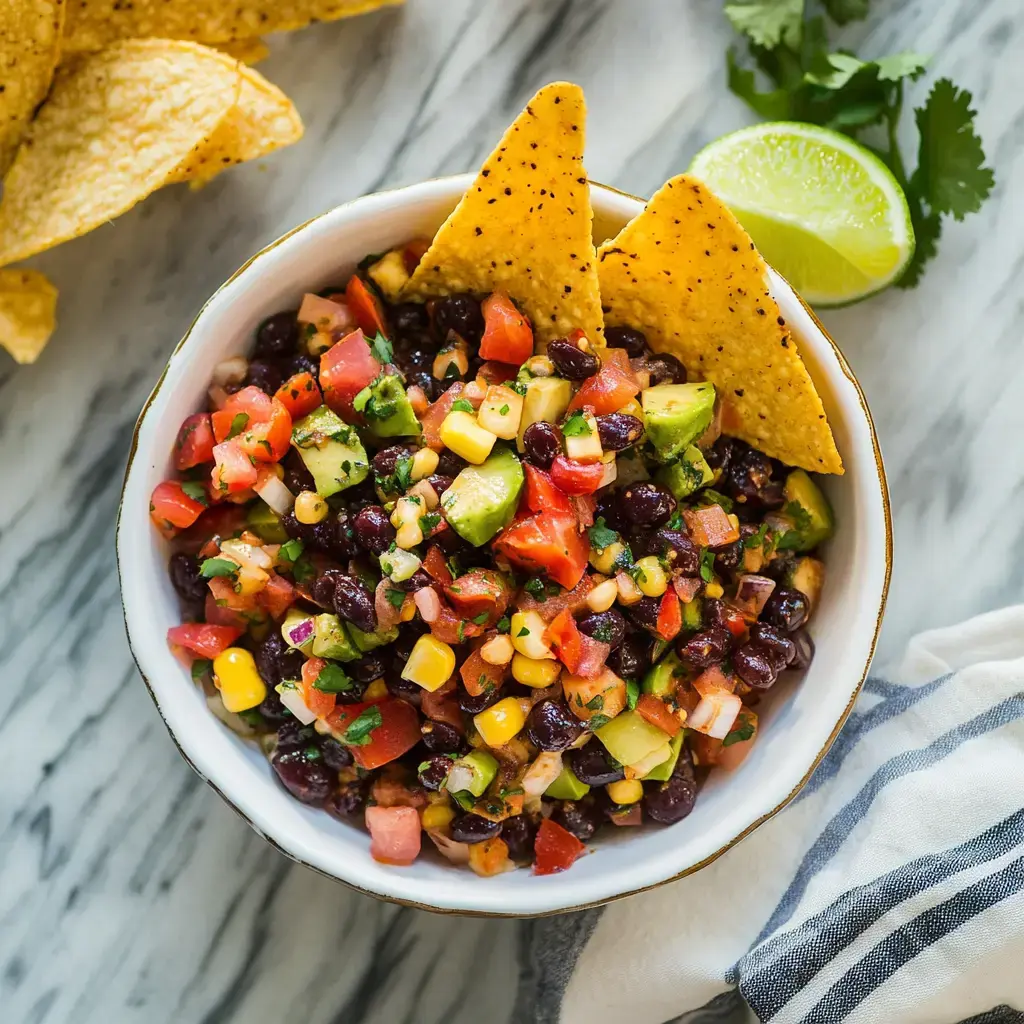 A bowl of colorful bean and corn salsa topped with avocado, diced tomatoes, and served with tortilla chips and a lime wedge on a marble surface.