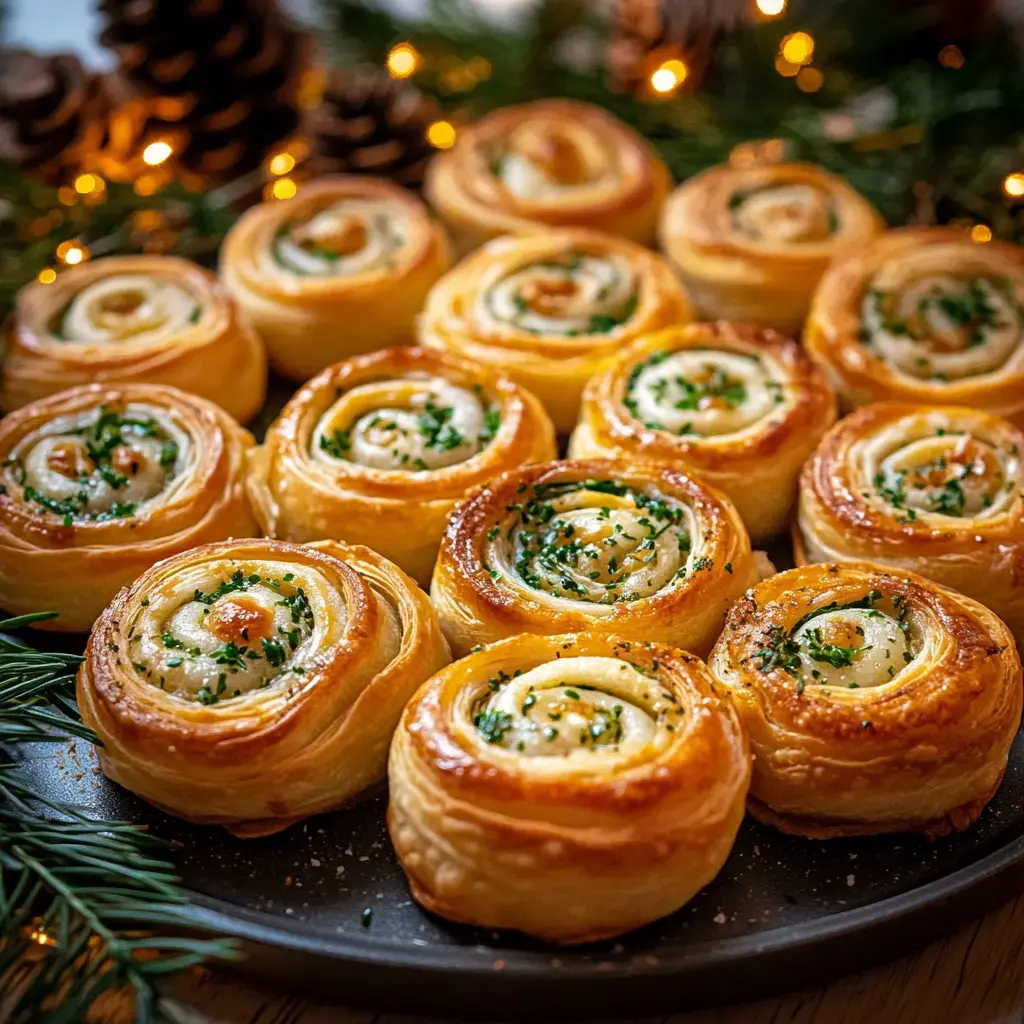 A plate of golden-brown spiral pastries garnished with herbs, surrounded by festive decorations like pinecones and fairy lights.