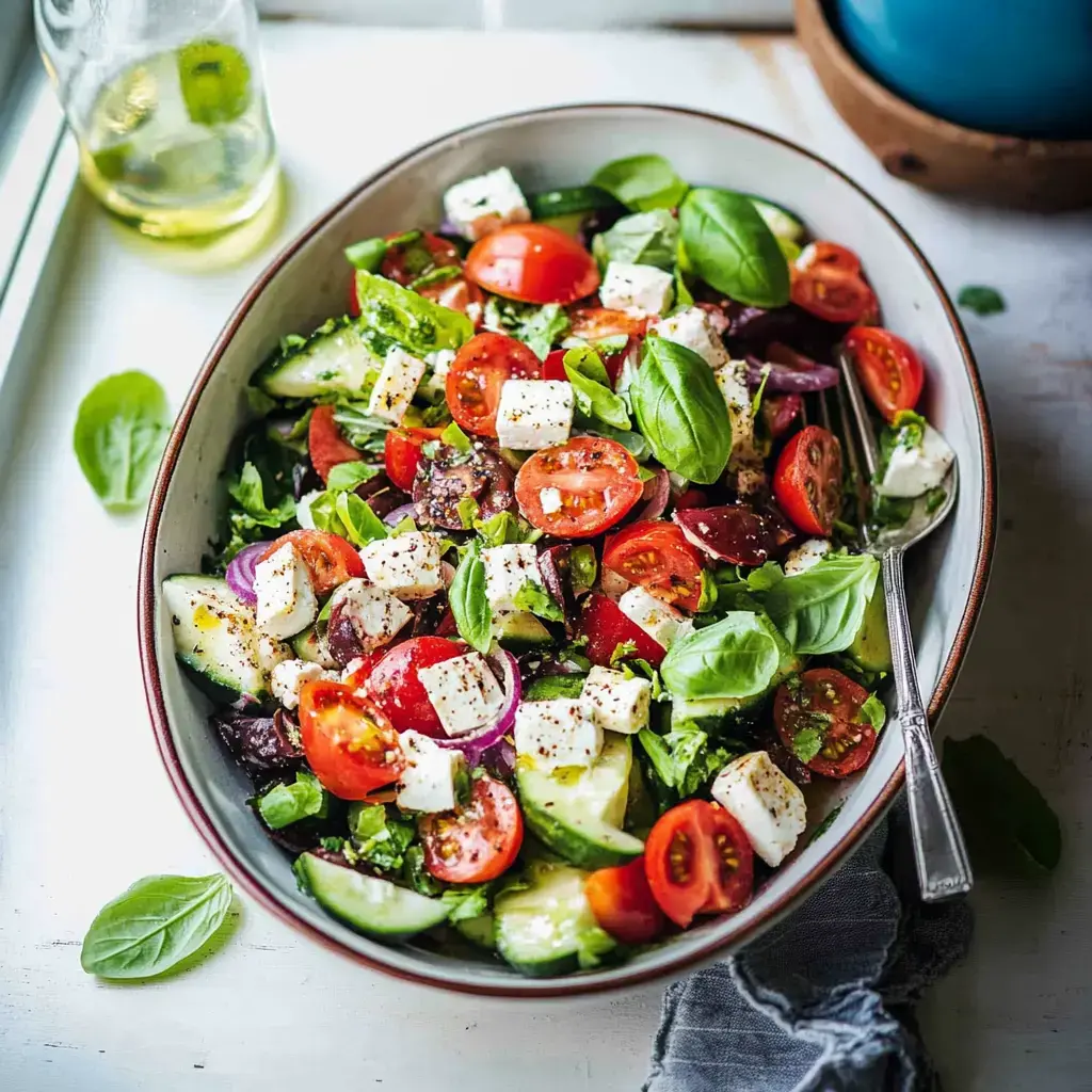 A vibrant salad bowl filled with lettuce, cherry tomatoes, cucumbers, red onion, feta cheese, and fresh basil, accompanied by a bottle of olive oil nearby.