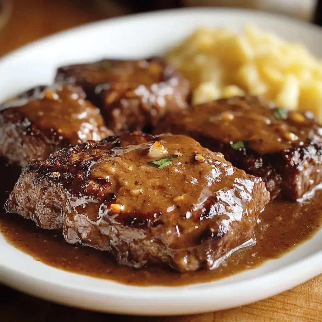 A close-up image of four pieces of grilled steak topped with a glossy brown sauce, served on a white plate alongside a portion of mashed potatoes.