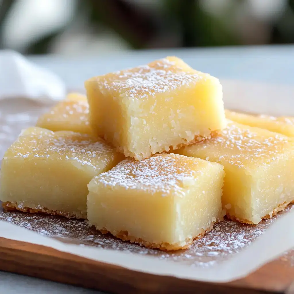 A close-up image of a plate displaying several square pieces of yellowish dessert dusted with powdered sugar.