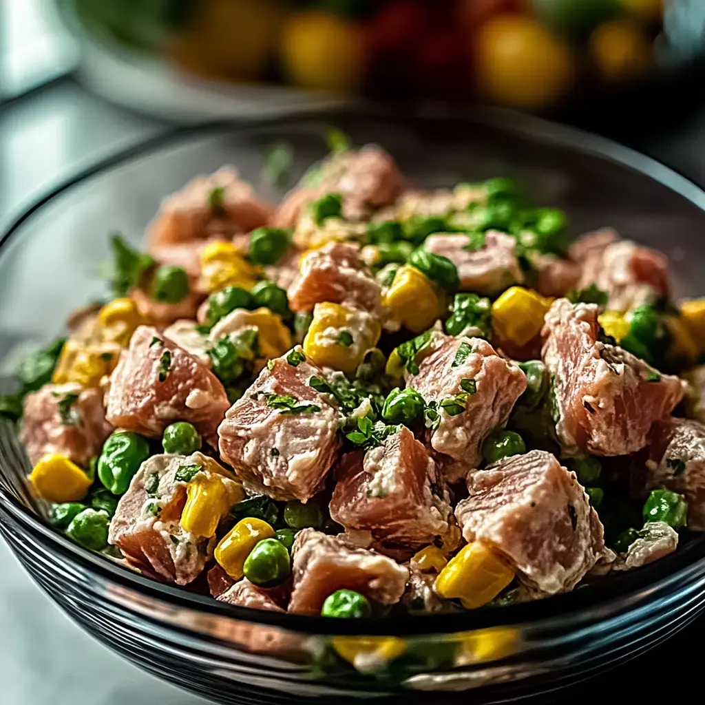 A bowl of mixed salad featuring diced pink fish, green peas, and corn, garnished with herbs.