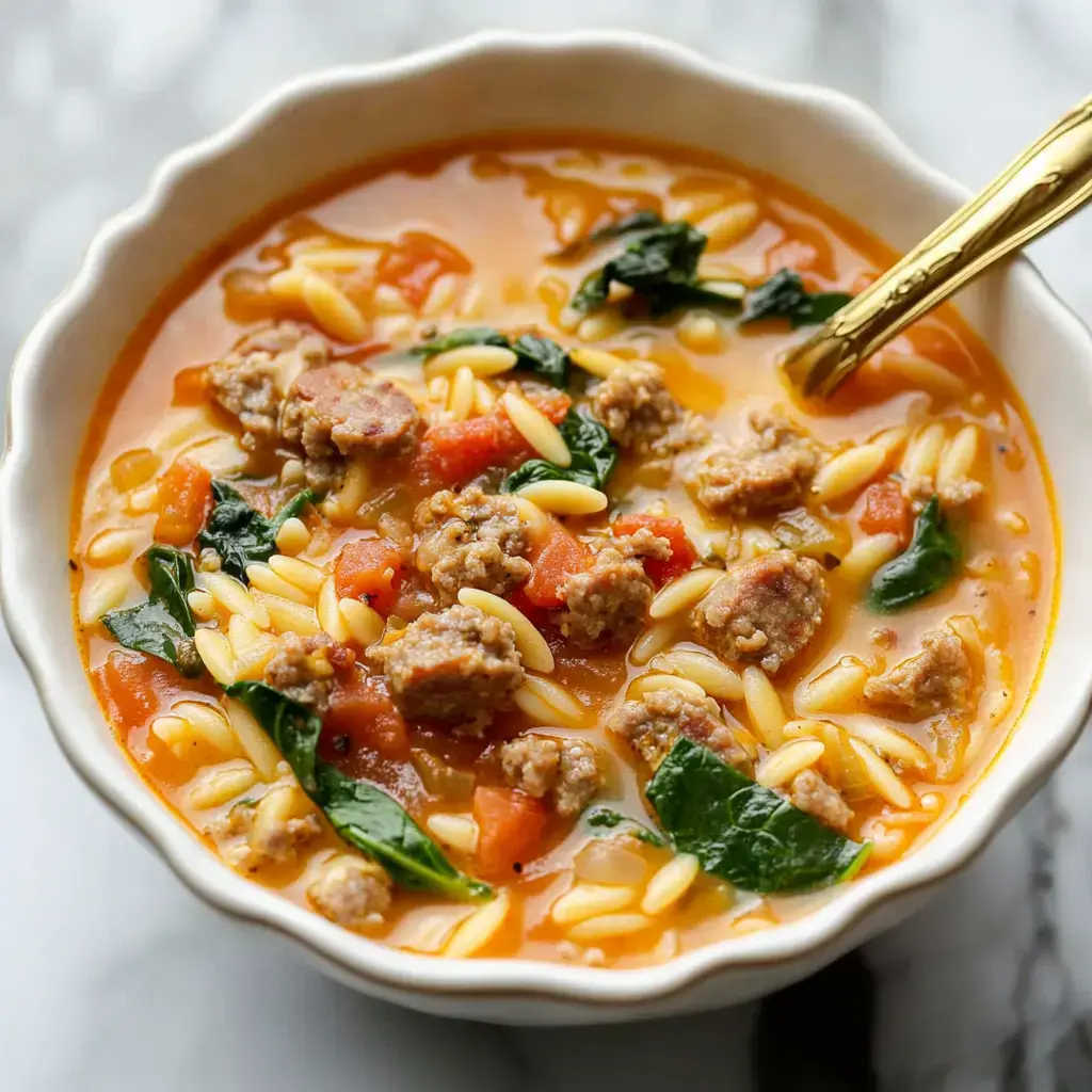 A bowl of hearty soup featuring orzo pasta, sausage, spinach, and tomatoes, with a golden spoon resting on the side.