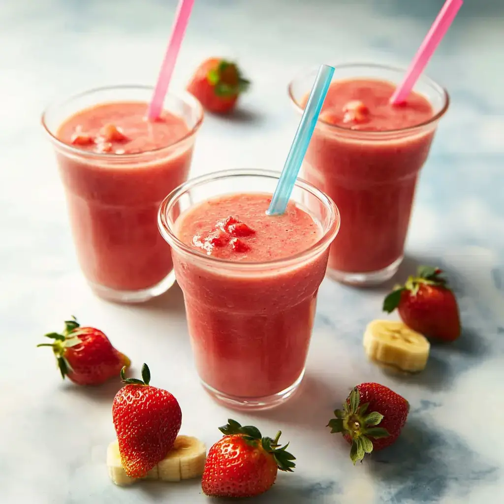 Three glasses of strawberry smoothies with colorful straws, surrounded by fresh strawberries and banana slices on a light background.