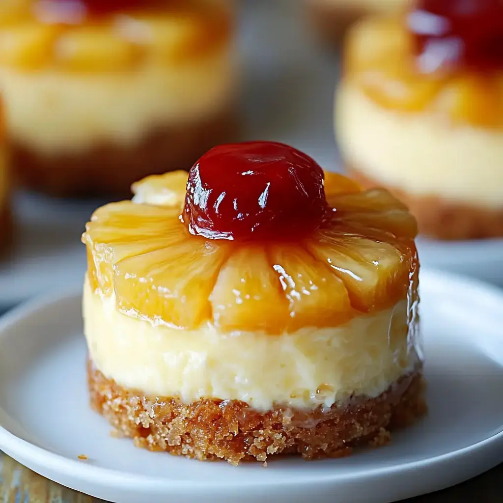 A close-up of a mini pineapple upside-down cheesecake topped with a maraschino cherry on a white plate.