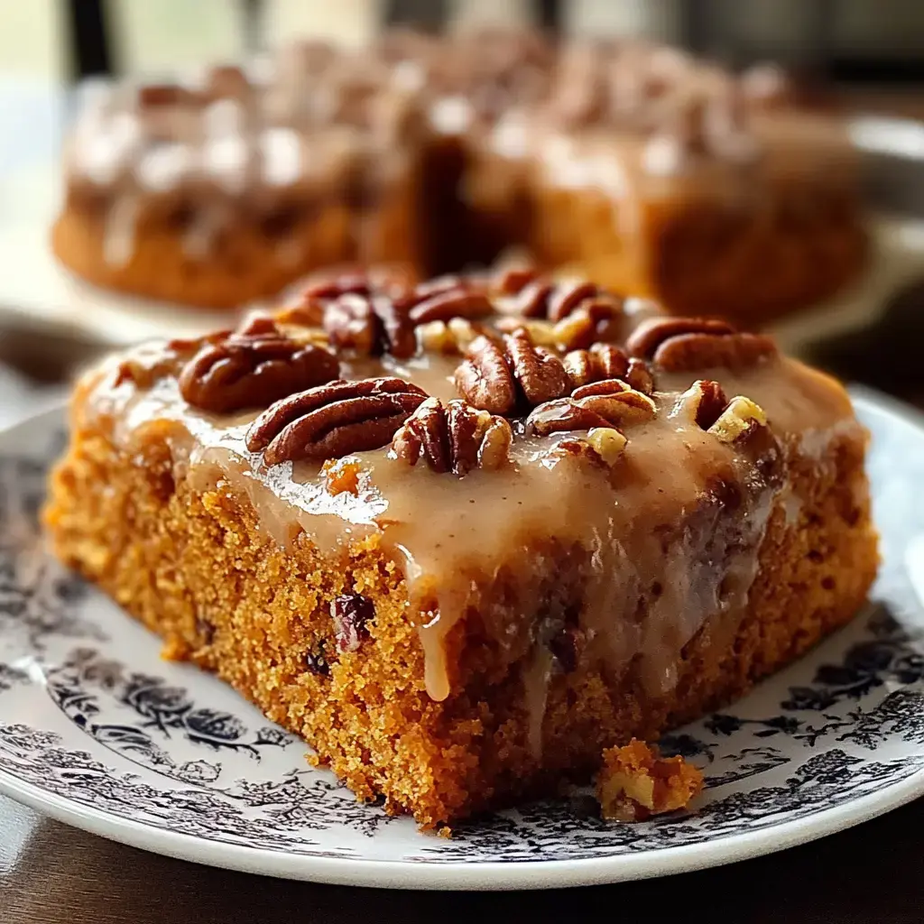 A slice of moist cake topped with a creamy glaze and pecans, presented on a decorative plate.