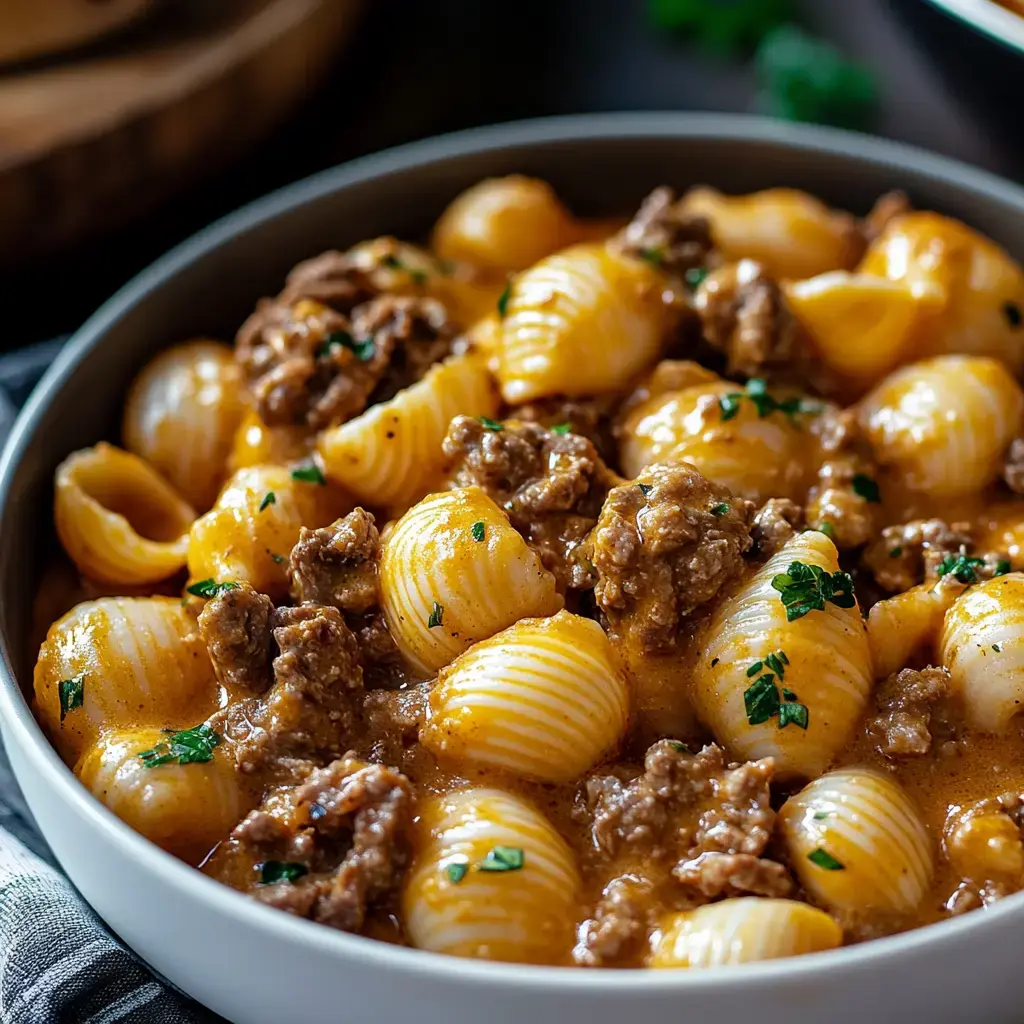 A close-up of a bowl filled with creamy pasta shells mixed with seasoned ground beef and garnished with parsley.