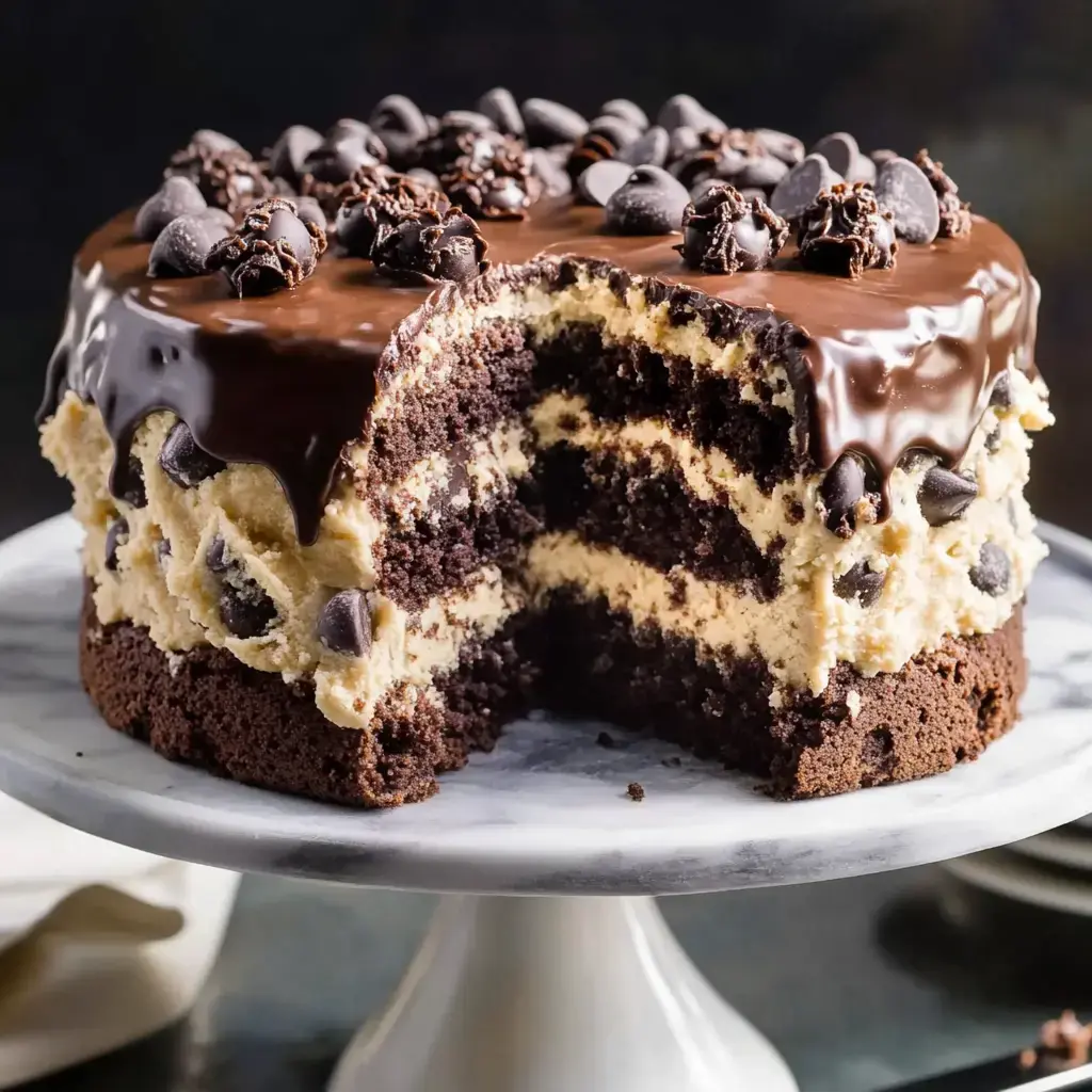 A chocolate layer cake with creamy frosting and chocolate chips, displayed on a marble cake stand, showing a slice cut out.