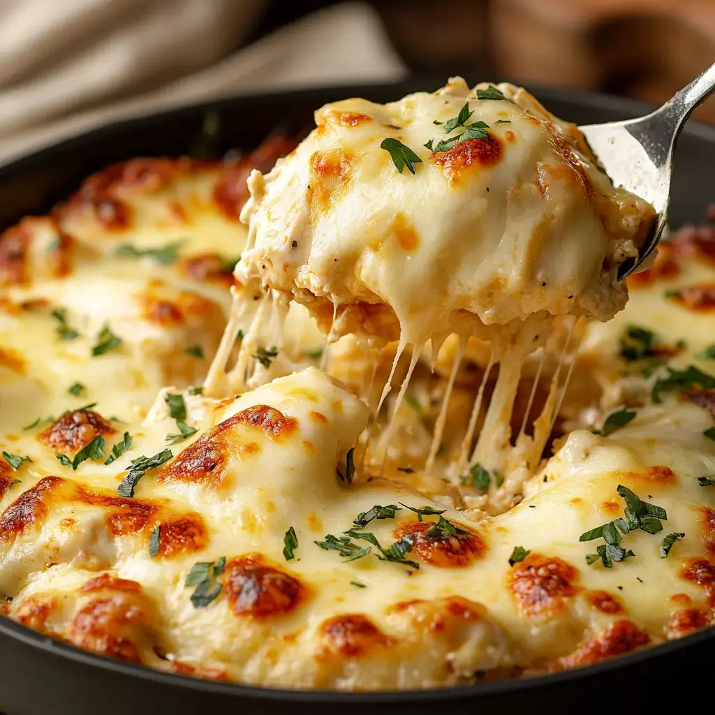 A portion of cheesy, baked pasta is being lifted from a pan, showcasing melted cheese and green herbs on top.