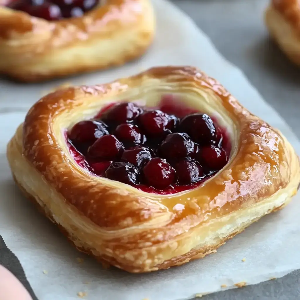 A golden-brown pastry filled with dark cherries and a glossy cherry glaze, resting on parchment paper.