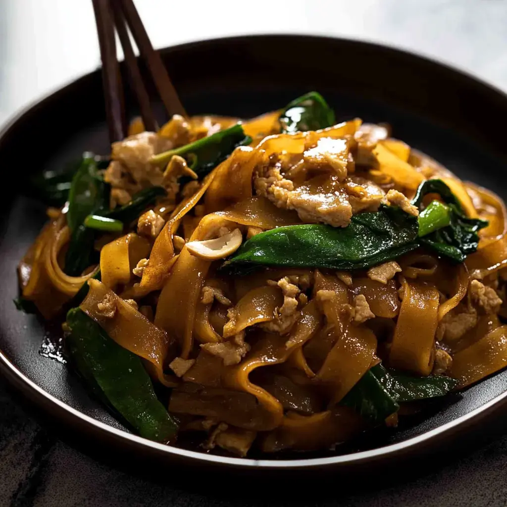 A close-up of a bowl of stir-fried flat noodles with chicken and green vegetables, served with chopsticks.