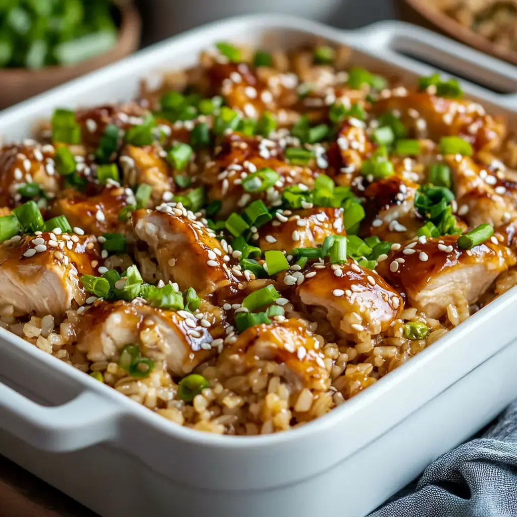 A close-up of a baked chicken dish with a glossy sauce, garnished with sesame seeds and chopped green onions on a bed of rice in a white rectangular dish.