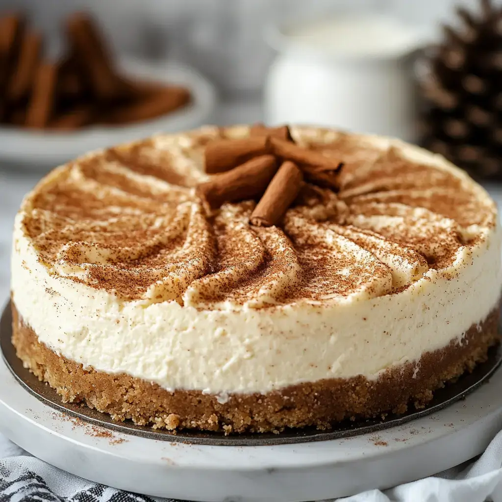 A creamy cheesecake topped with cinnamon and decorative swirls, placed on a marble plate with scattered cinnamon sticks in the background.