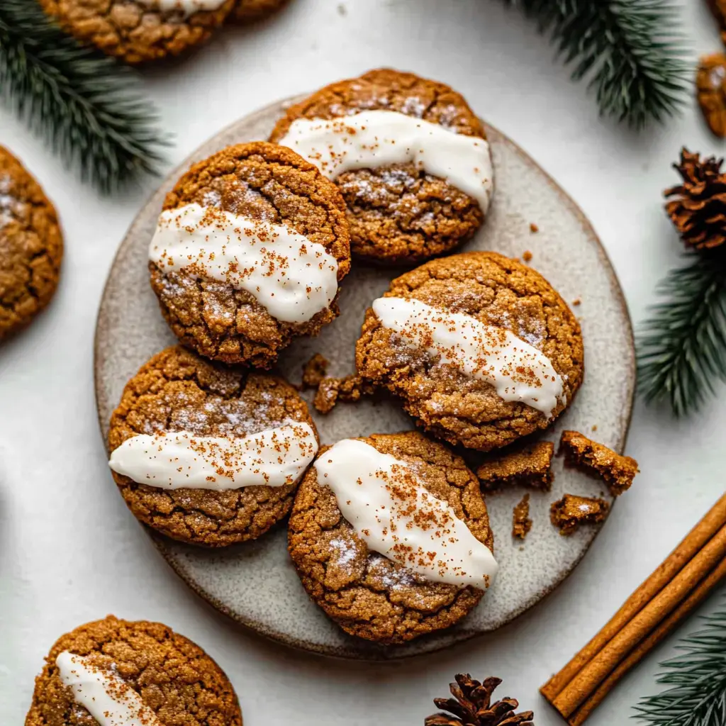 A plate of ginger cookies topped with white icing, sprinkled with cinnamon, alongside pine branches and cinnamon sticks.