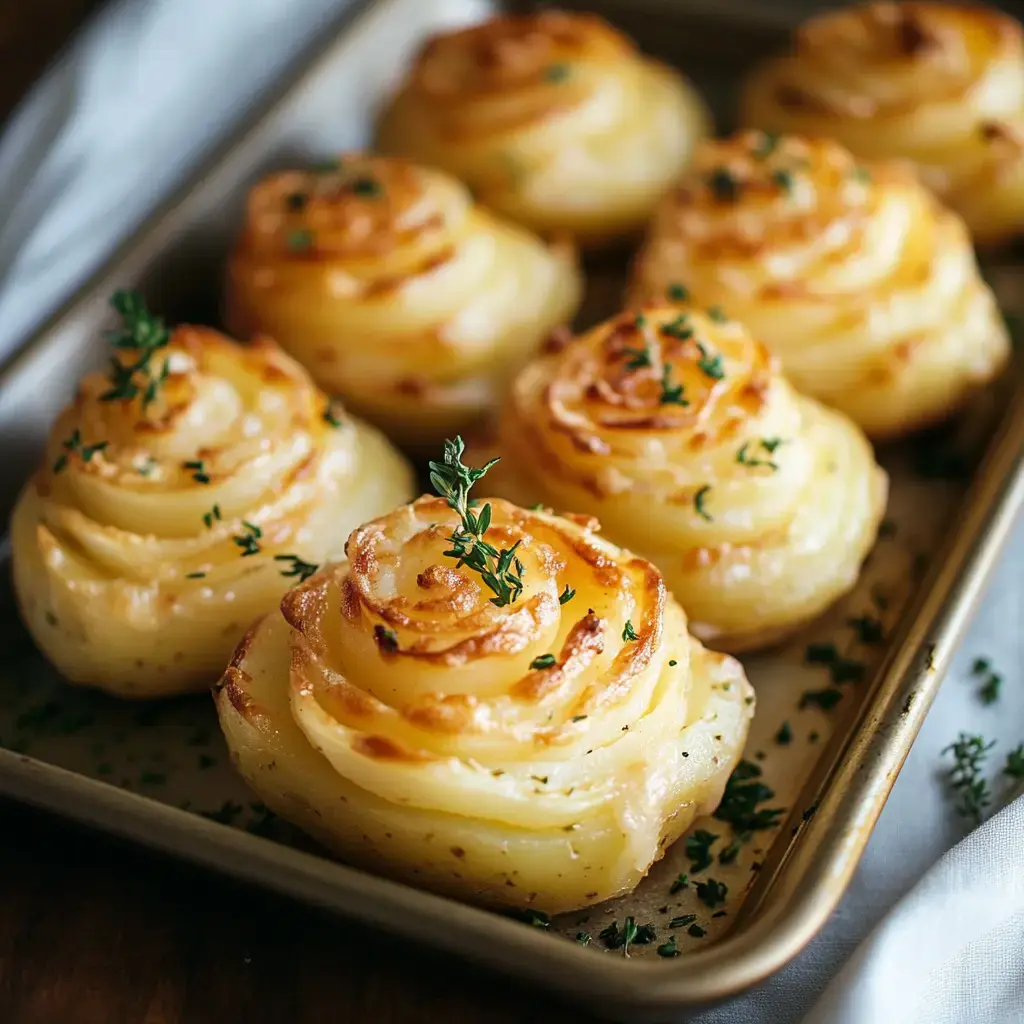 A close-up view of golden-brown, spiral-shaped potato roses garnished with fresh thyme on a baking tray.