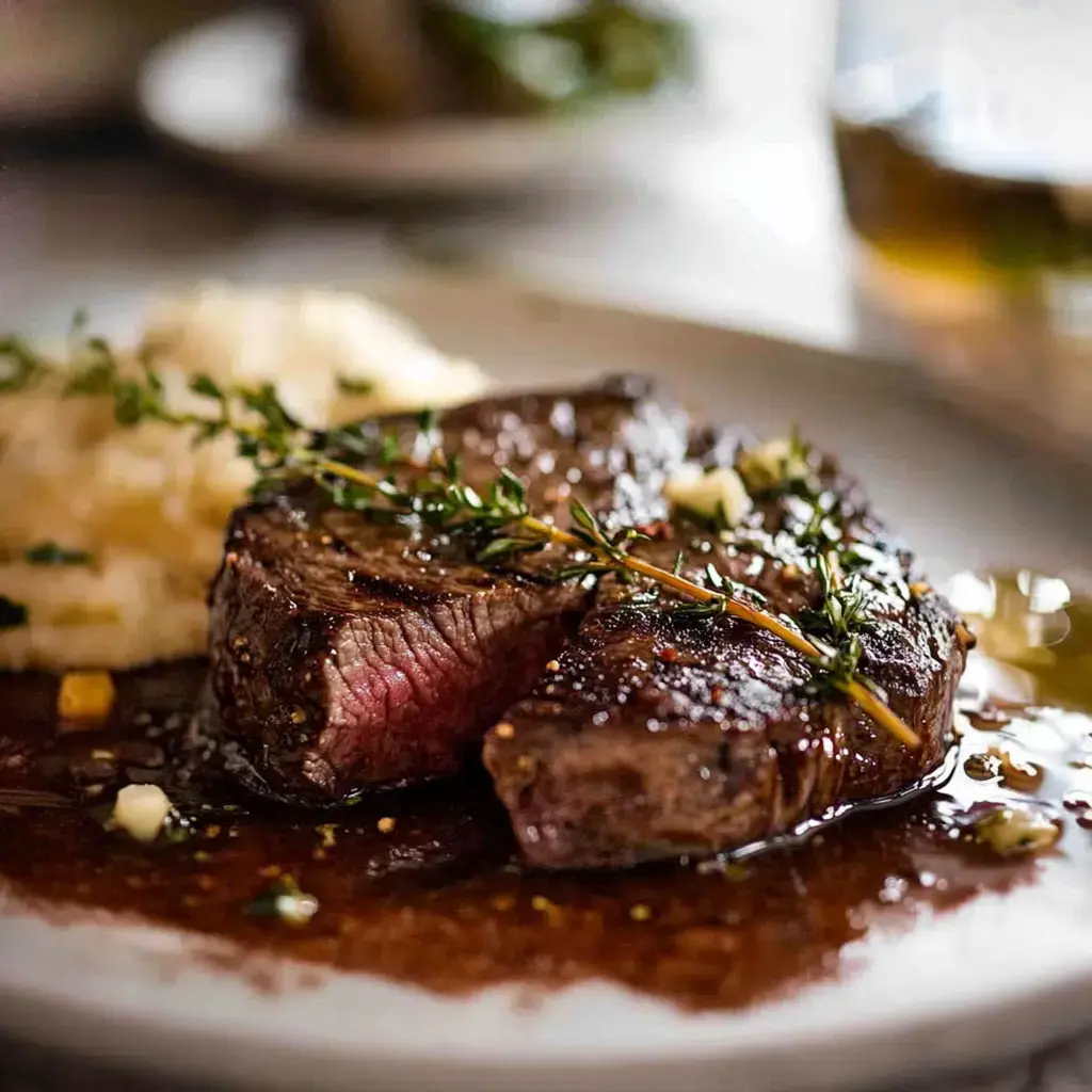 A perfectly cooked steak garnished with thyme and served with a side of mashed potatoes on a white plate.