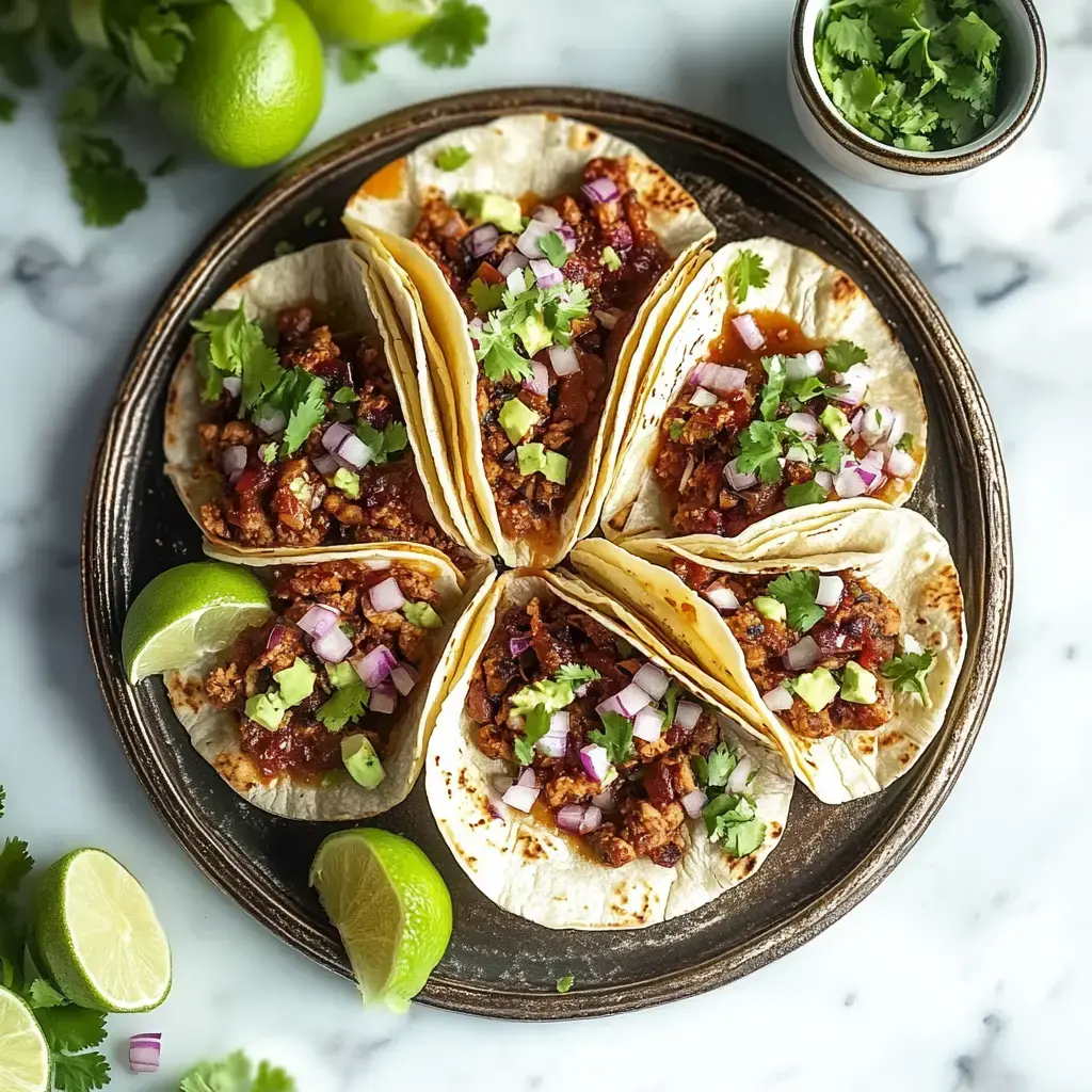 A platter of six tacos filled with seasoned meat, diced onions, cilantro, and avocado, garnished with lime wedges and fresh cilantro.