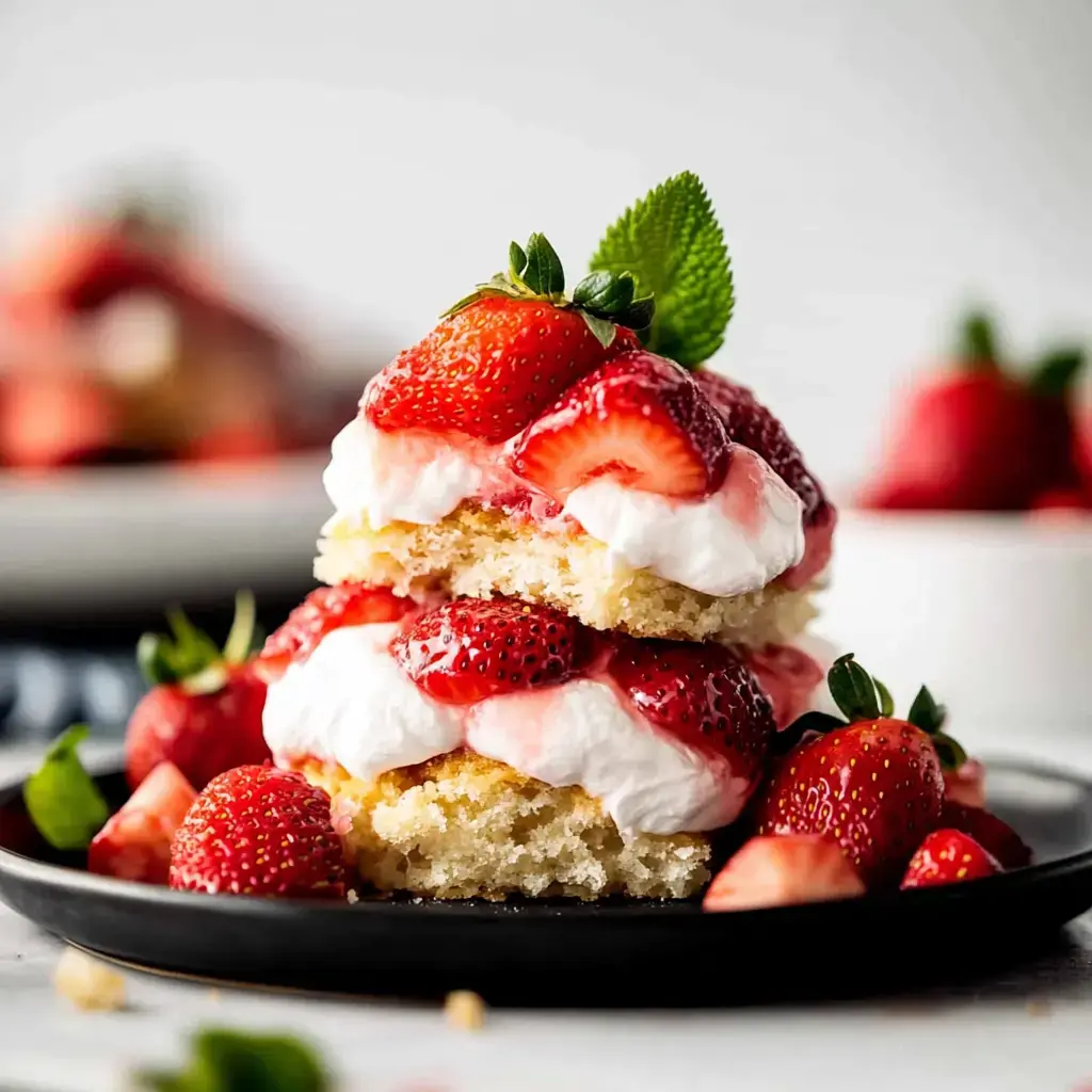 A layered dessert of vanilla cake, whipped cream, and fresh strawberries, garnished with mint, sits on a black plate.