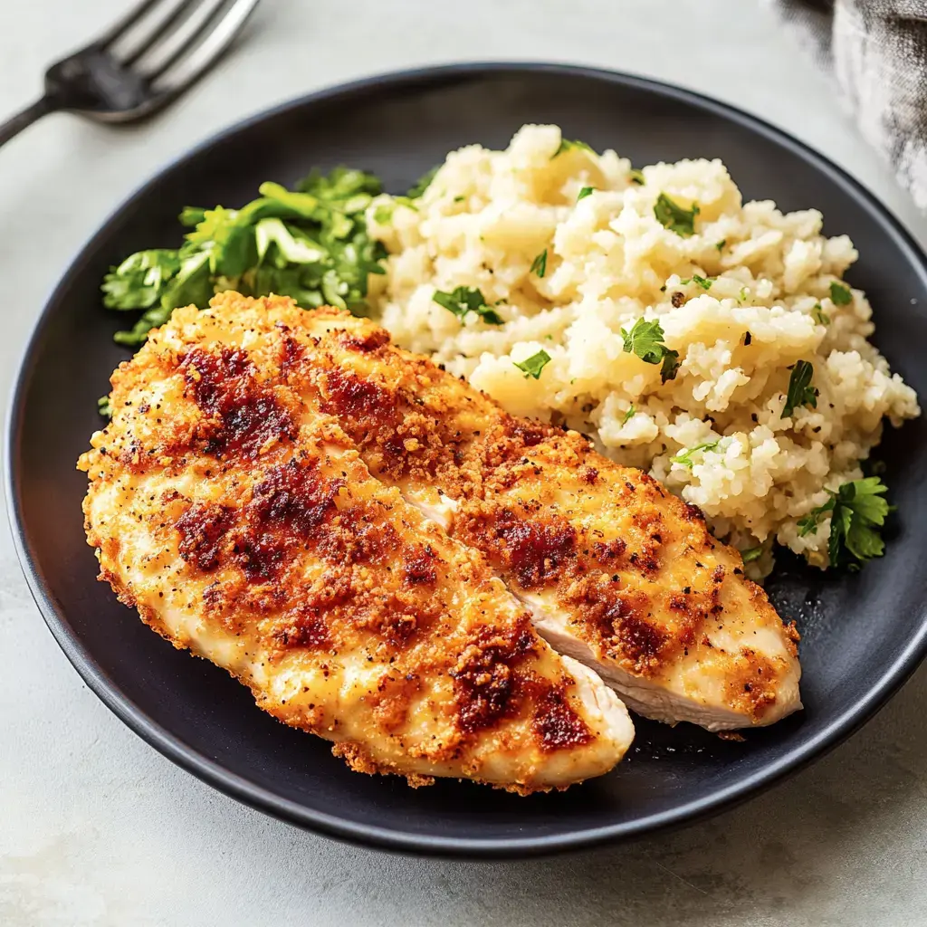 A plated meal featuring two pieces of crispy baked chicken breast alongside fluffy rice garnished with fresh herbs.