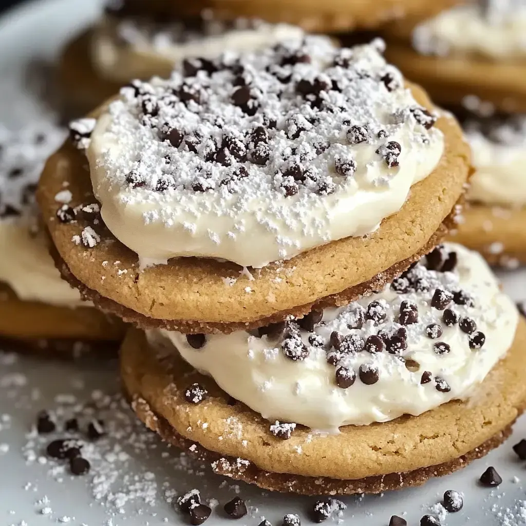 A close-up of stacked cookies topped with cream, powdered sugar, and chocolate chips.